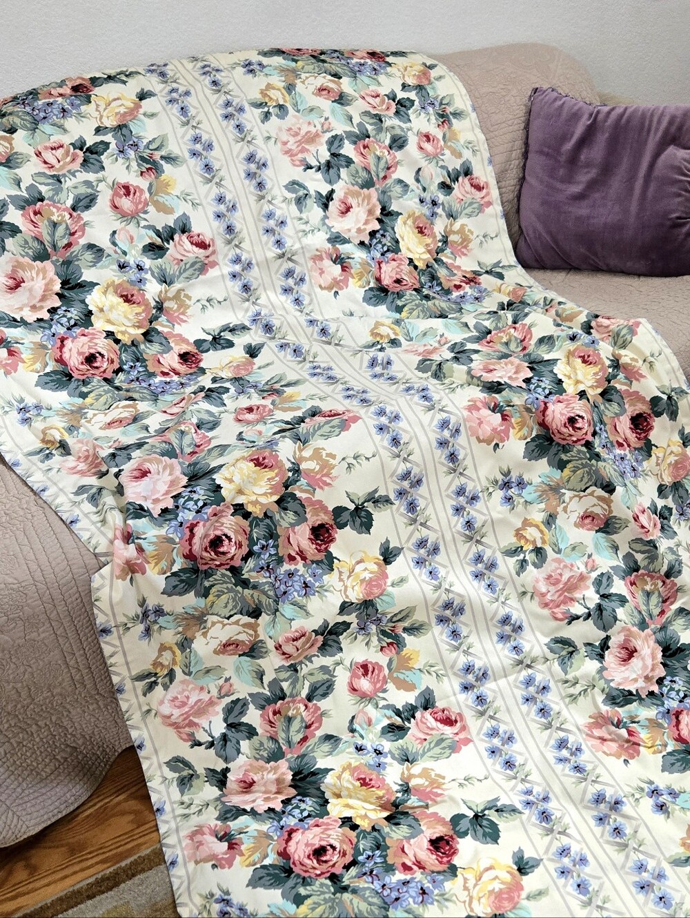 Vintage 1980s Cabbage Rose Floral Curtain Panel 44" X 80" Handmade Cottagecore